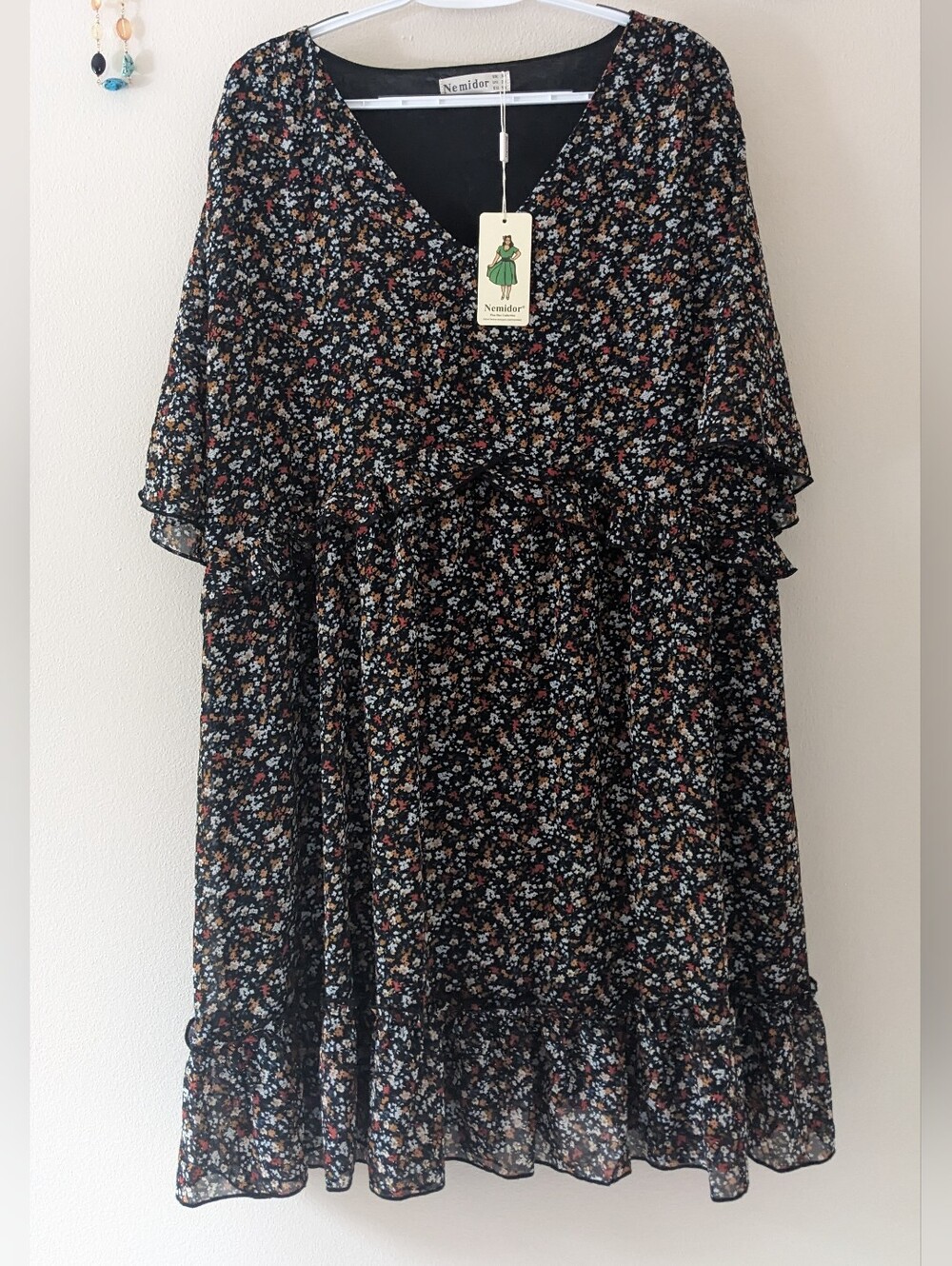 Dark Floral Tiered Dress by Nemidor Sz 26 Moody Romantic Fall NWT